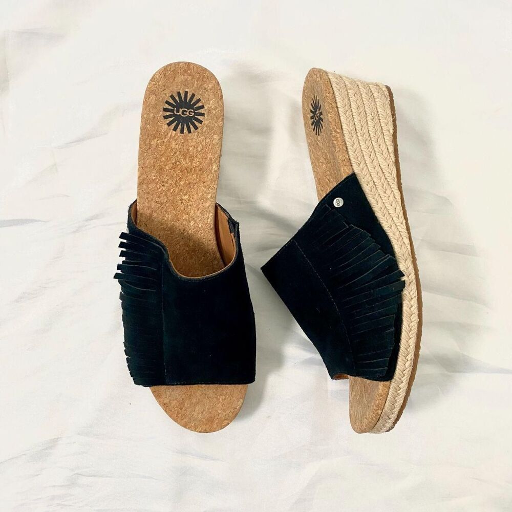 UGG Black Suede Fringe Espadrille Slide Sandals